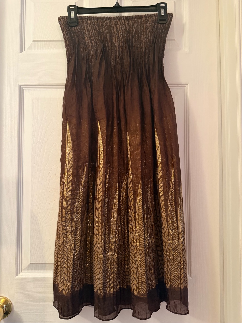 Brown Strapless Smocked Maxi Dress with Gold Pattern, One size
